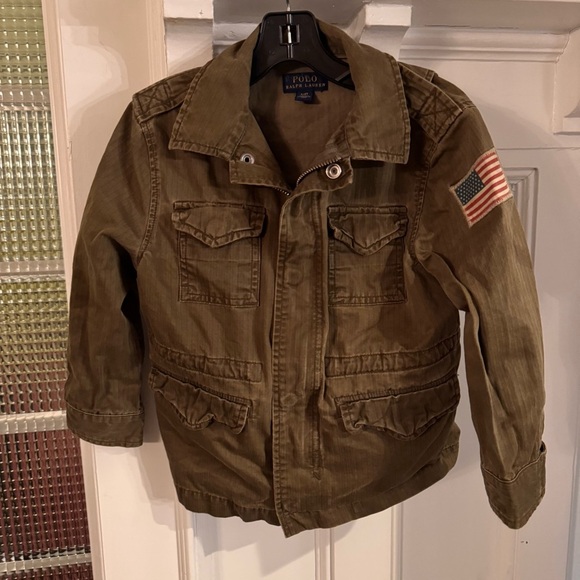 Polo Ralph Lauren Green Military Jacket Coat USA Flag Patch Boy's Size 4 - Picture 2 of 13